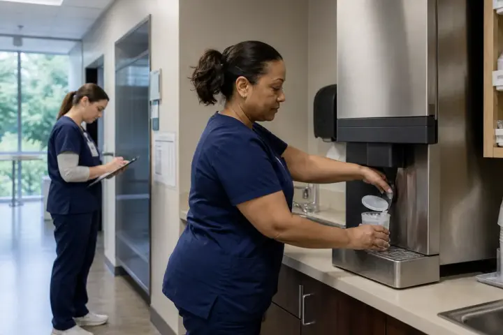 Cafe employee preparing iced beverages with commercial ice
