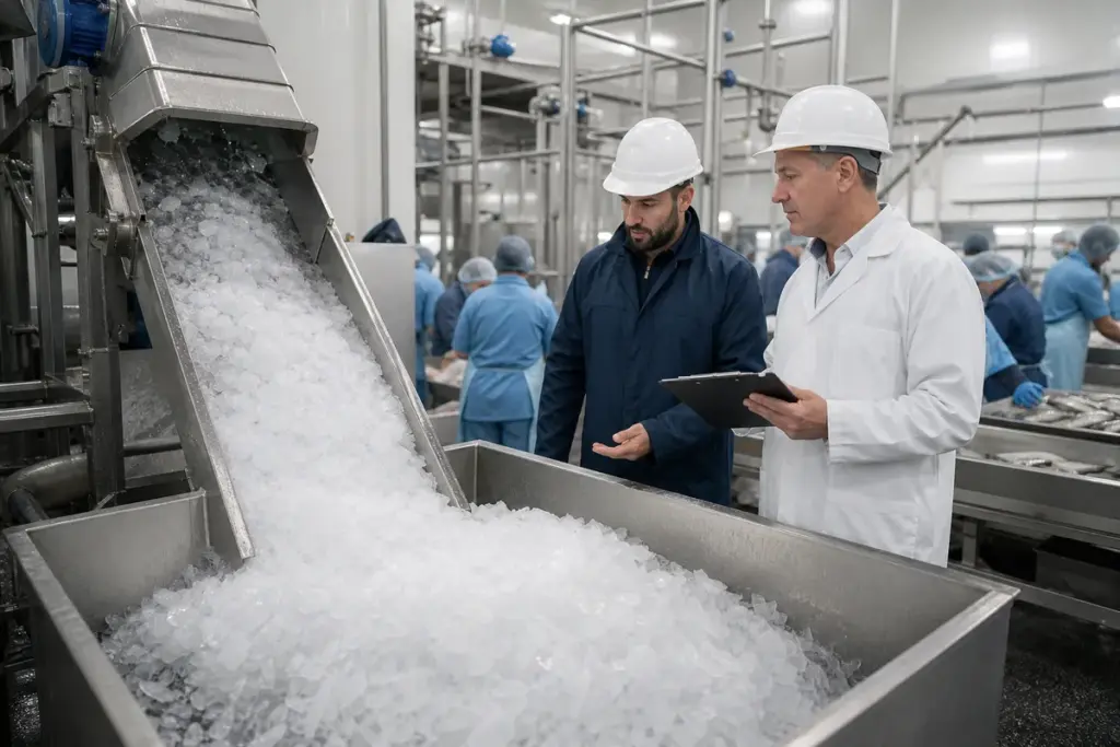 Food processing team inspecting ice distribution equipment