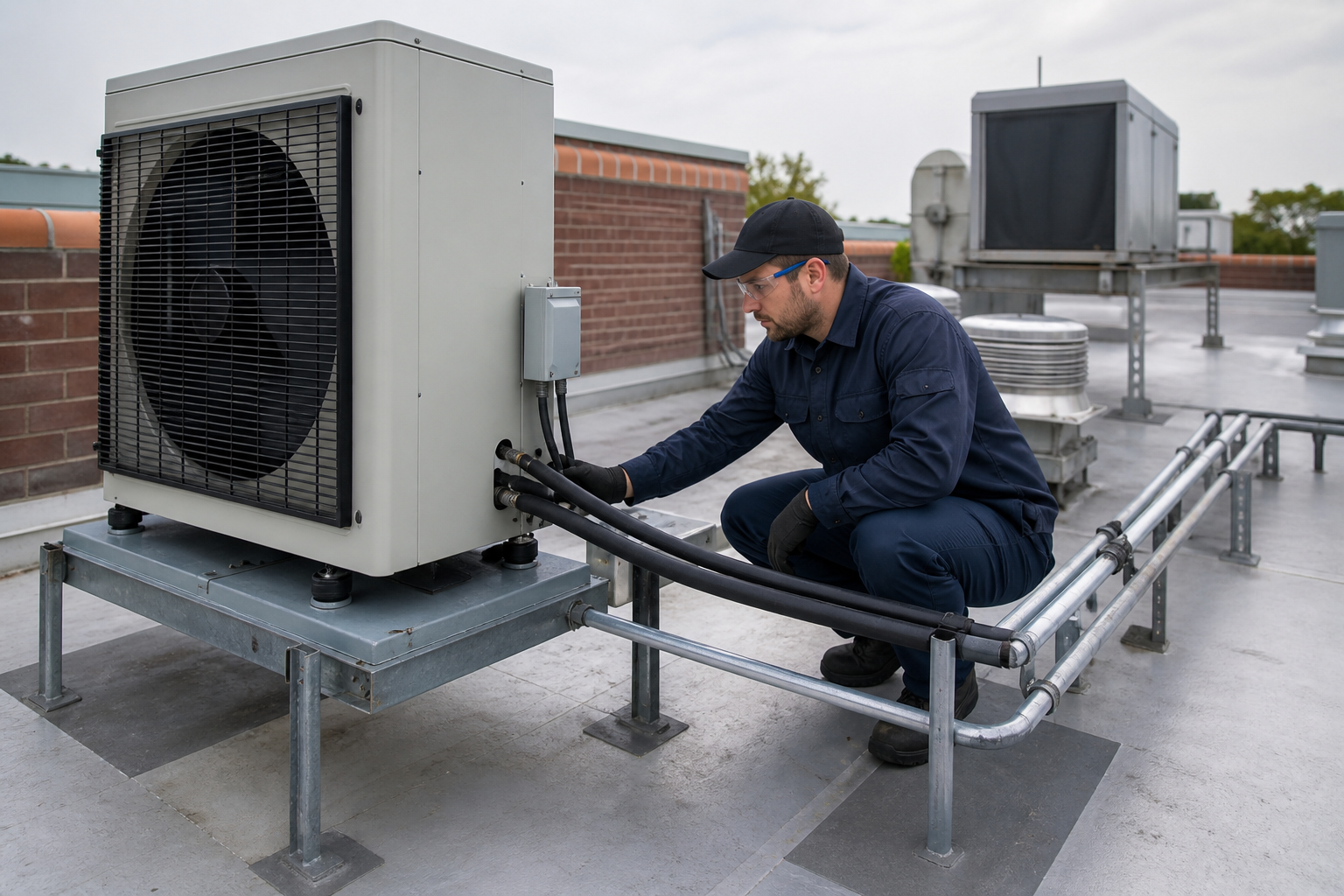 Refrigeration technician inspecting a rooftop remote condenser