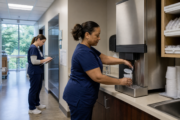 Healthcare staff using a sanitary nugget ice dispenser in an Atlanta facility