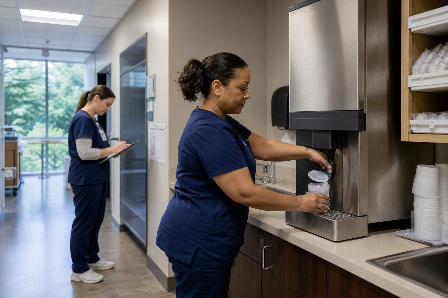 Healthcare staff using a sanitary nugget ice dispenser in an Atlanta facility