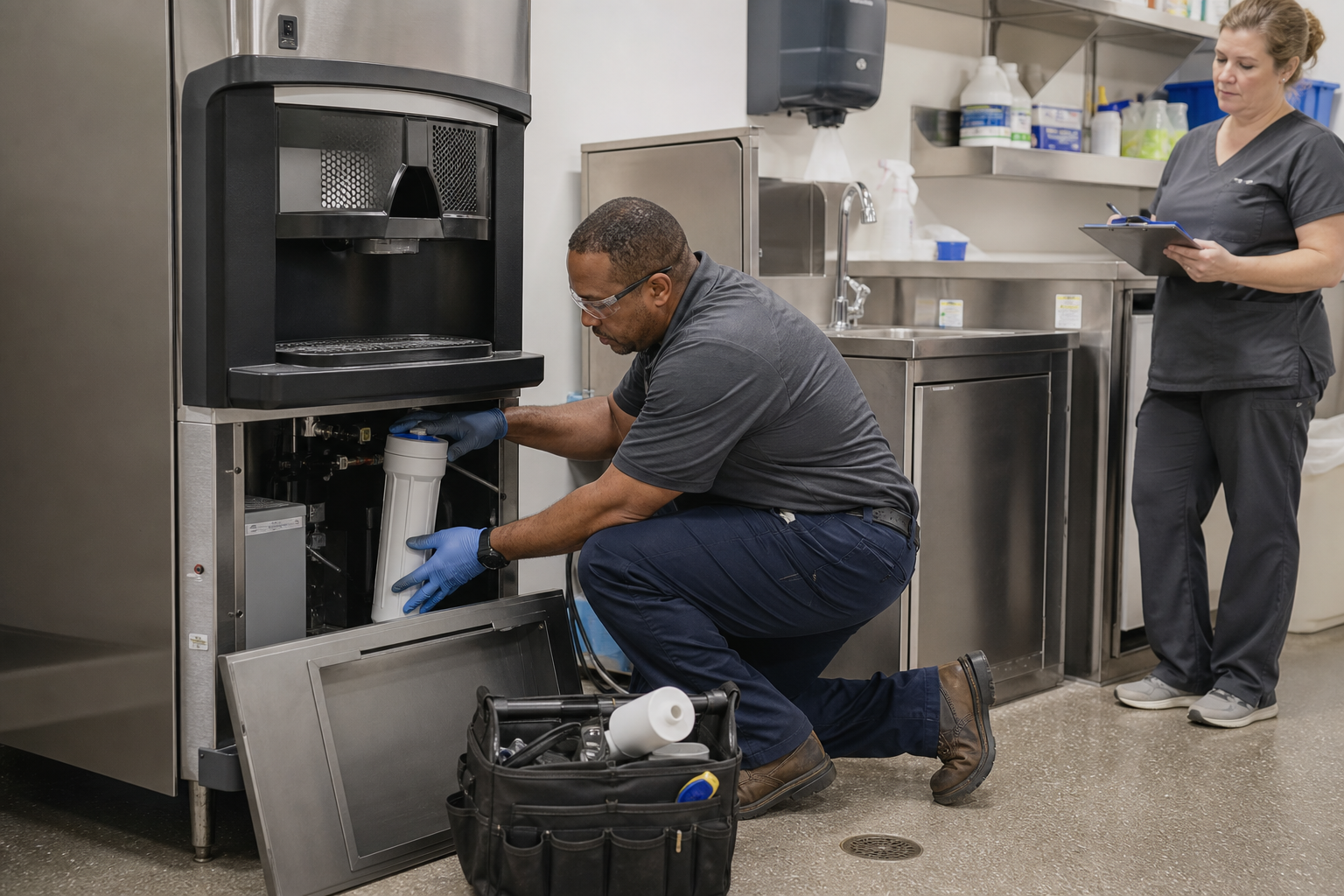 Healthcare facilities technician servicing a sanitary nugget ice dispenser