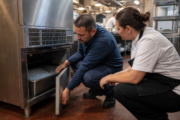Technician inspecting an aging commercial ice machine in a restaurant utility area