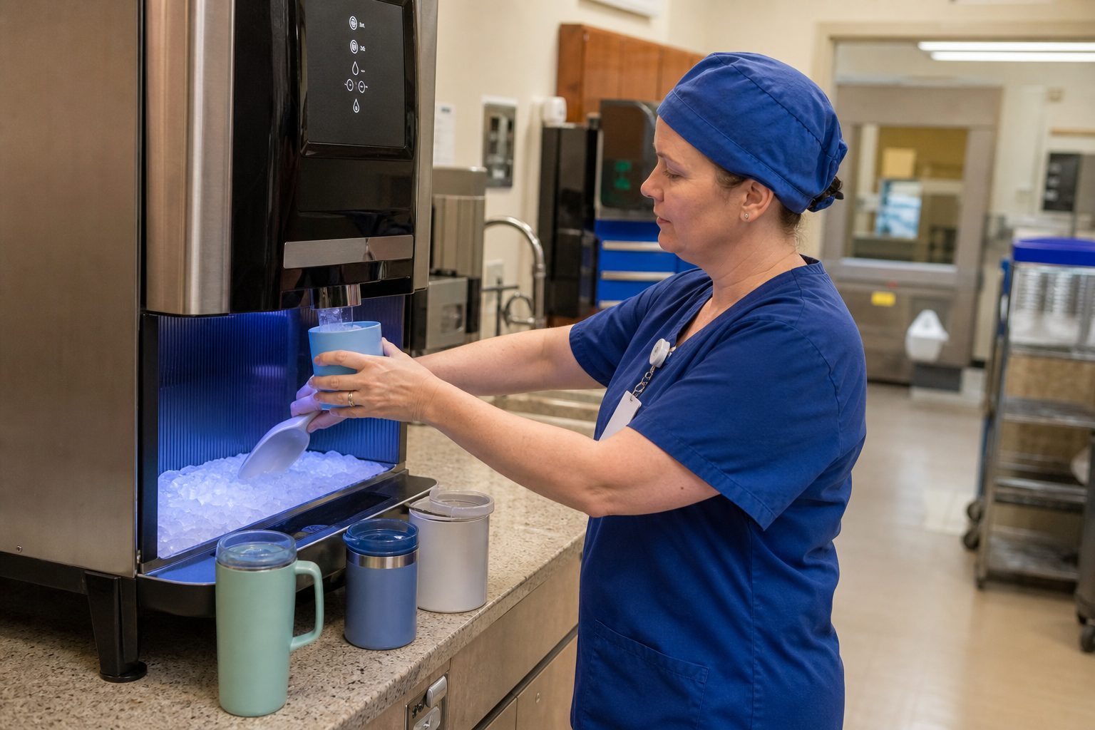 Healthcare worker dispensing nugget ice into insulated cups