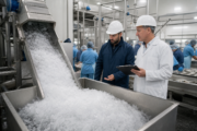 Industrial flake ice production system in a food processing plant