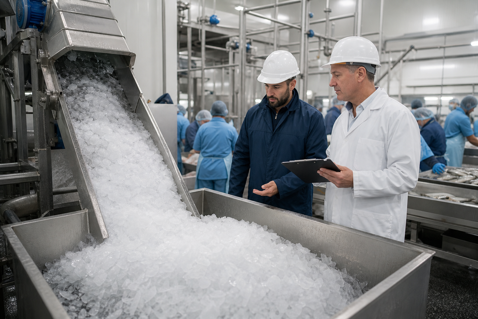 Industrial flake ice production system in a food processing plant