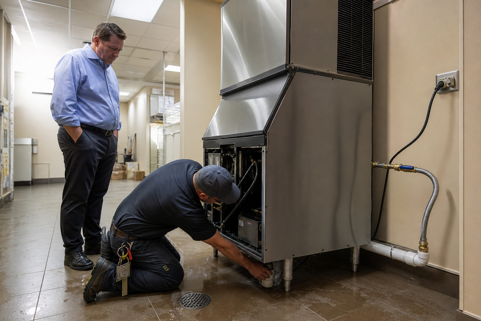 Technician inspecting commercial ice machine installation connections