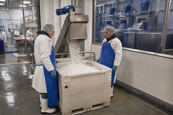 Workers monitoring flake ice dosing in an Omaha-area meat processing plant