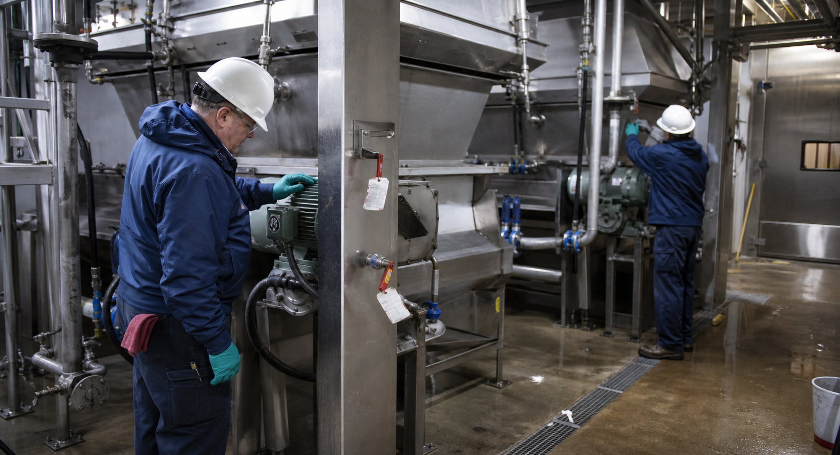 Maintenance team inspecting redundant industrial flake ice equipment