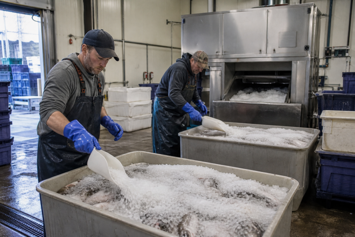 Seafood workers using flake ice in a Charleston-area distribution cold room