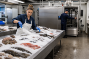 Seafood market staff arranging fish on flake ice from a commercial ice system