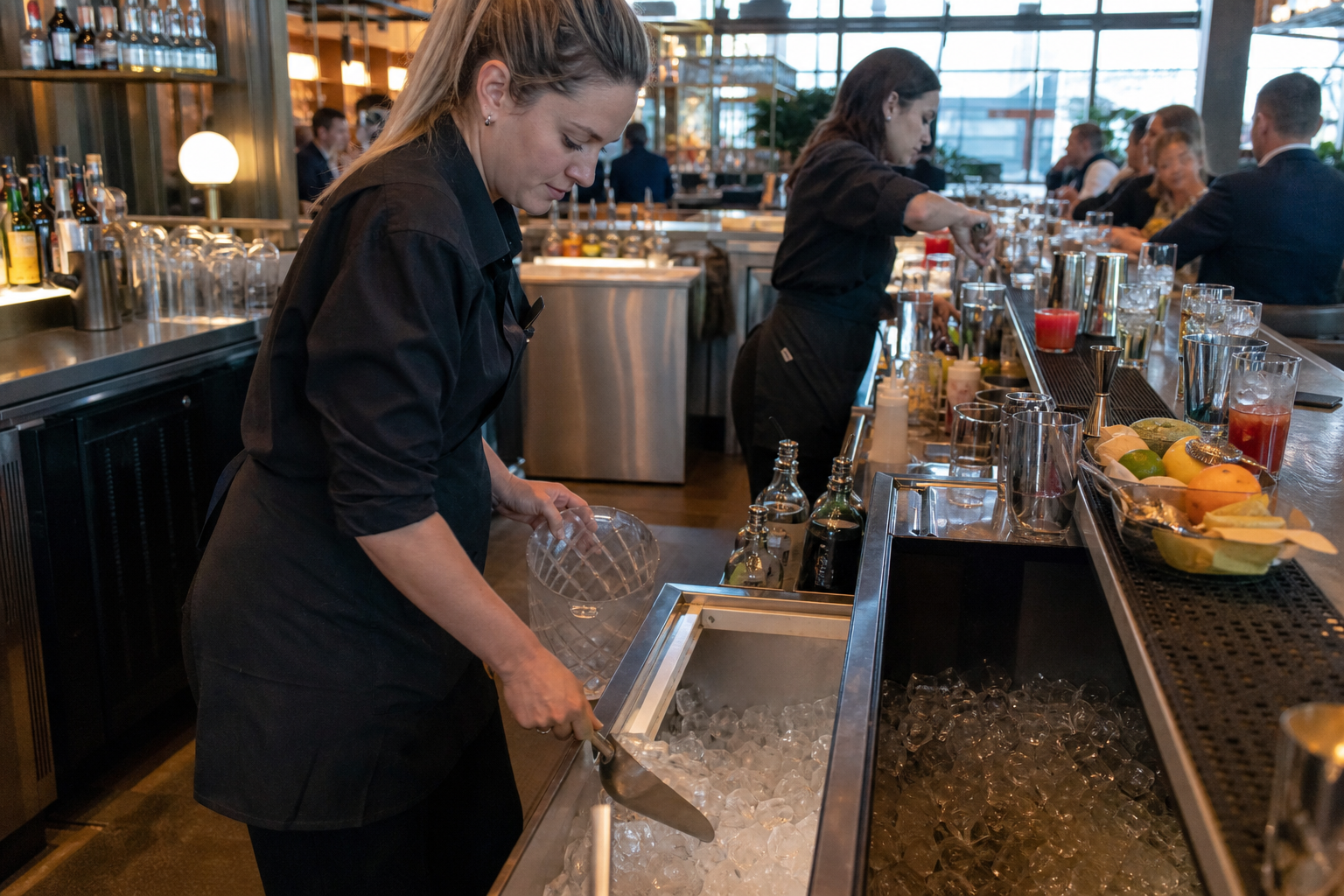 Bartender drawing ice from a commercial storage bin during peak service