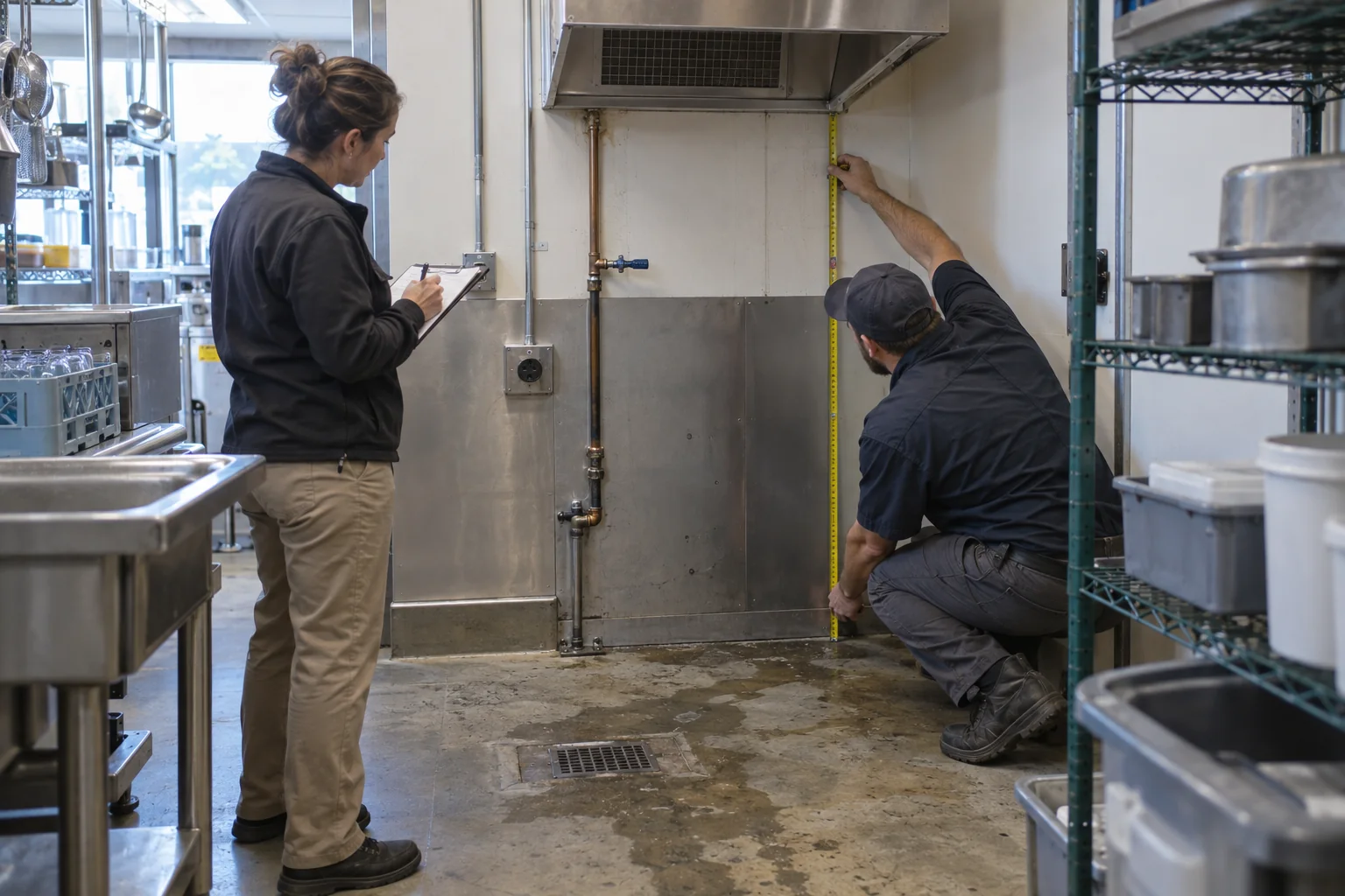 Facilities manager and refrigeration technician measuring a commercial ice machine installation space