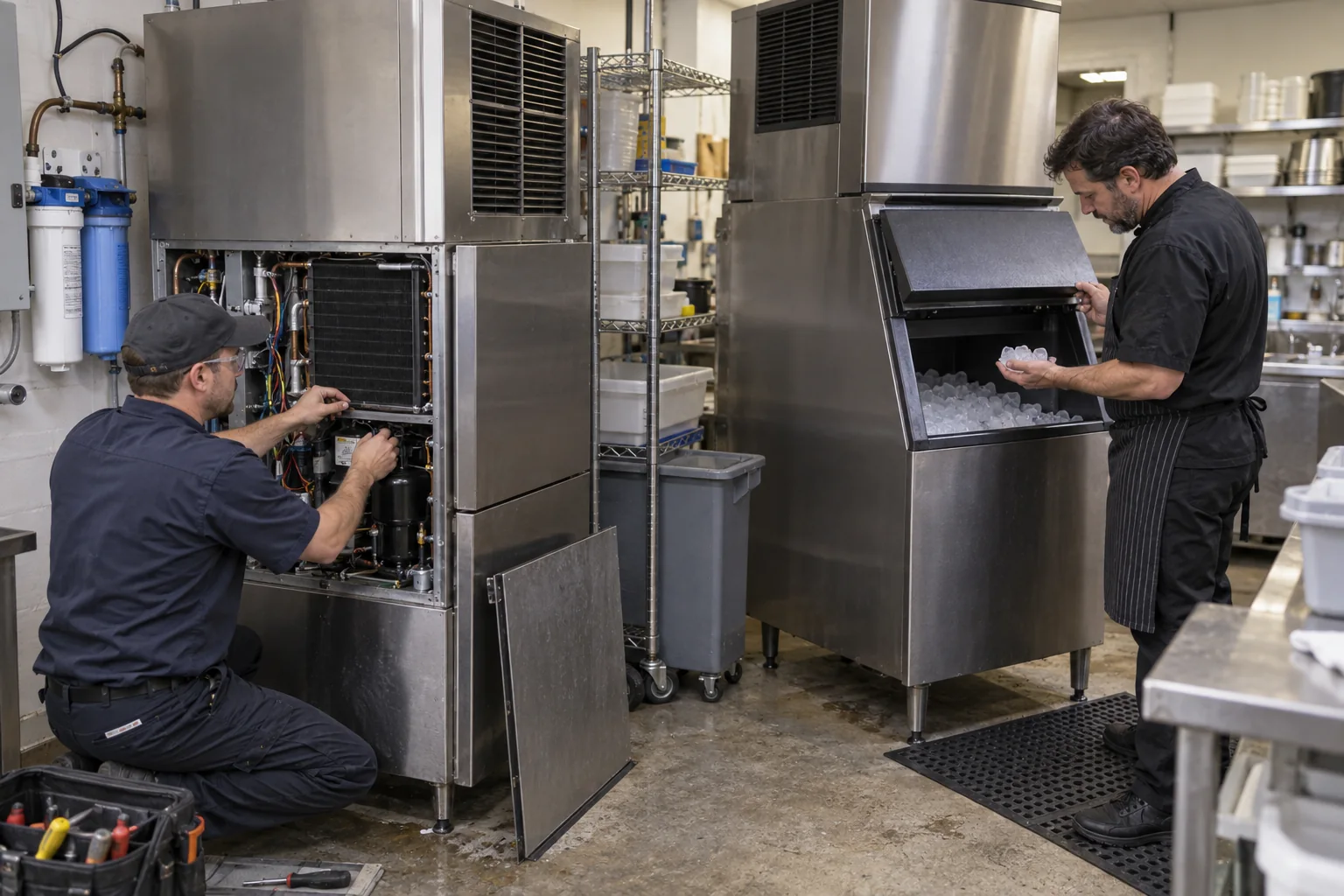 Technician inspecting the service panel of one commercial ice machine while an operator checks another