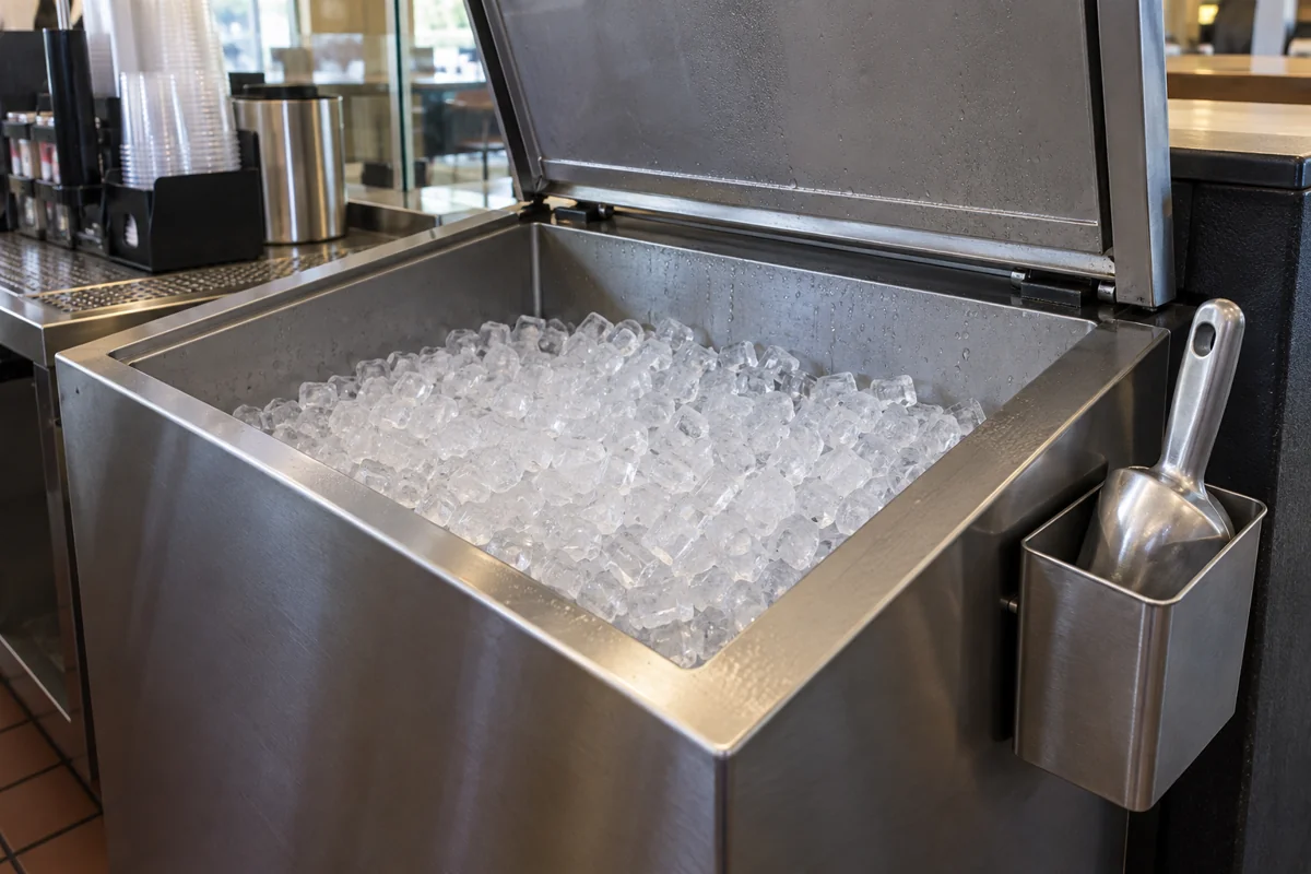 Cube ice in a commercial storage bin with a separate scoop holder