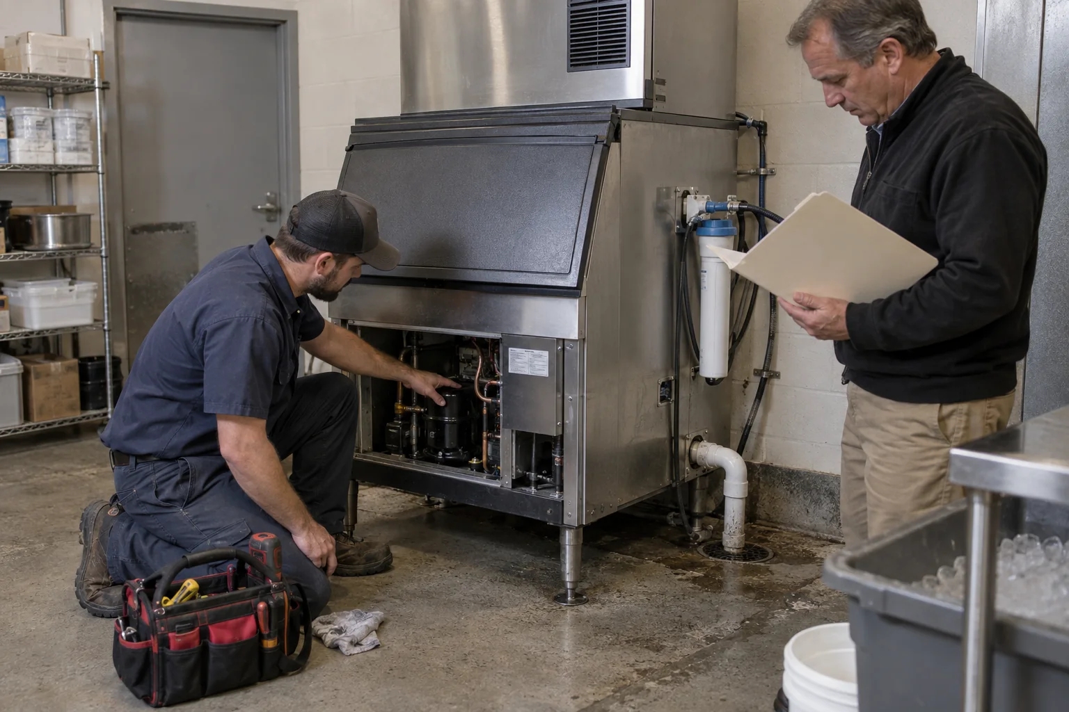 Refrigeration technician servicing a commercial ice machine while a manager reviews warranty documents