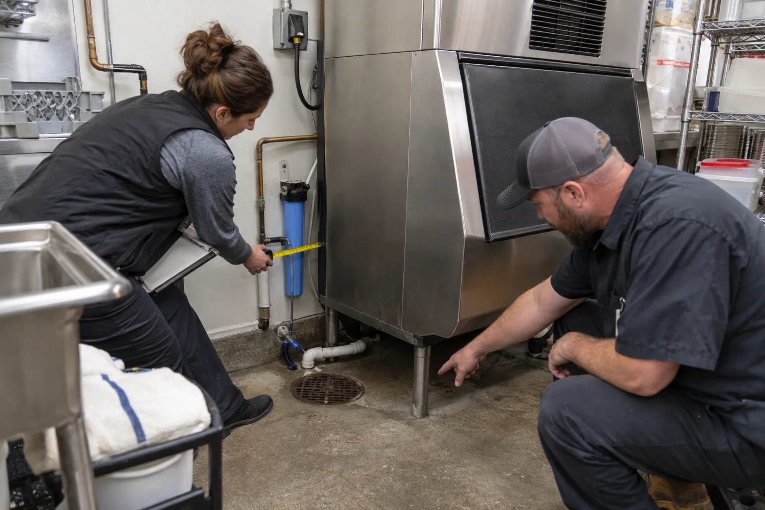 Facilities manager checking commercial ice machine water and drain requirements