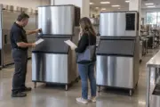 Buyer and technician comparing two commercial ice machines in a restaurant work area