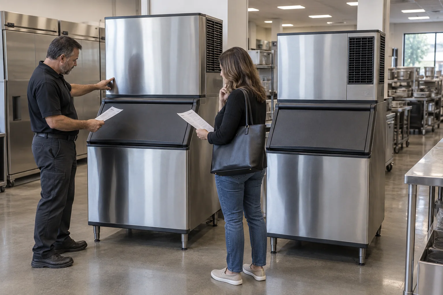 Buyer and technician comparing two commercial ice machines in a restaurant work area