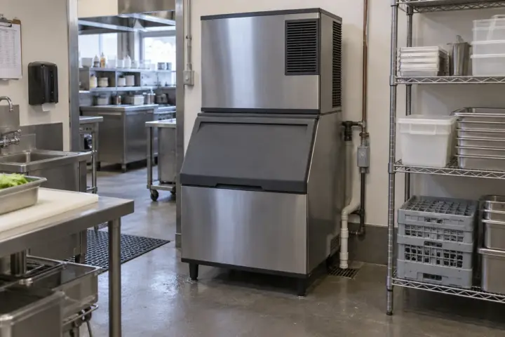 A commercial ice machine installed above a storage bin