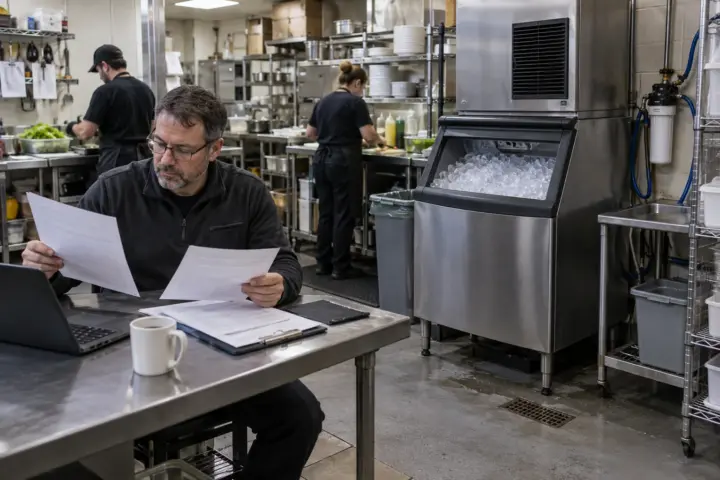 Restaurant manager reviewing warranty coverage beside a commercial ice machine