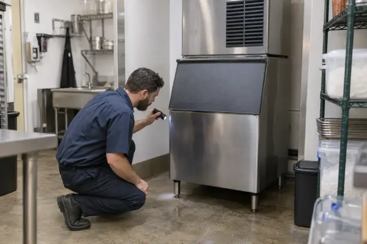 Refrigeration technician inspecting exterior ventilation clearance around a restaurant ice machine