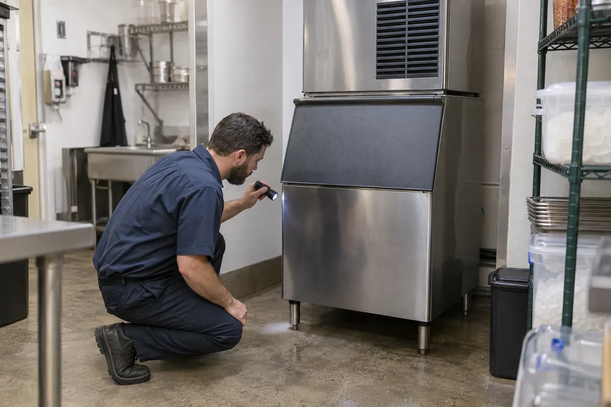 Refrigeration technician inspecting exterior ventilation clearance around a restaurant ice machine