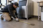 Installer measuring between a closed commercial ice machine and a nearby floor drain