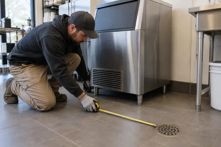 Installer measuring between a closed commercial ice machine and a nearby floor drain