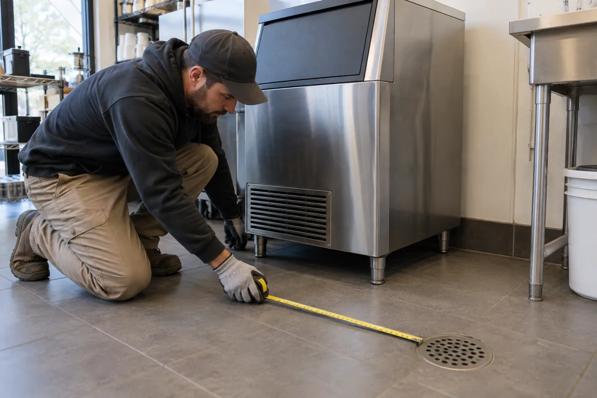 Installer measuring between a closed commercial ice machine and a nearby floor drain
