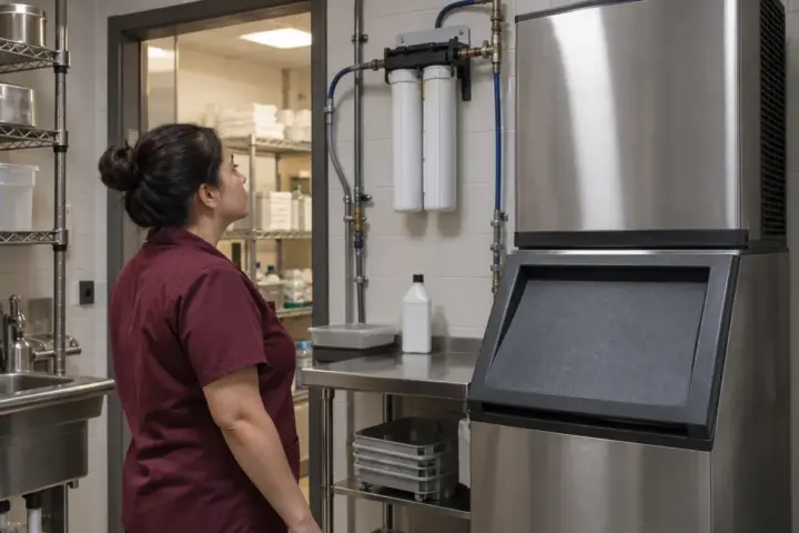 Facilities employee inspecting the water filter assembly beside a commercial ice machine in a service pantry